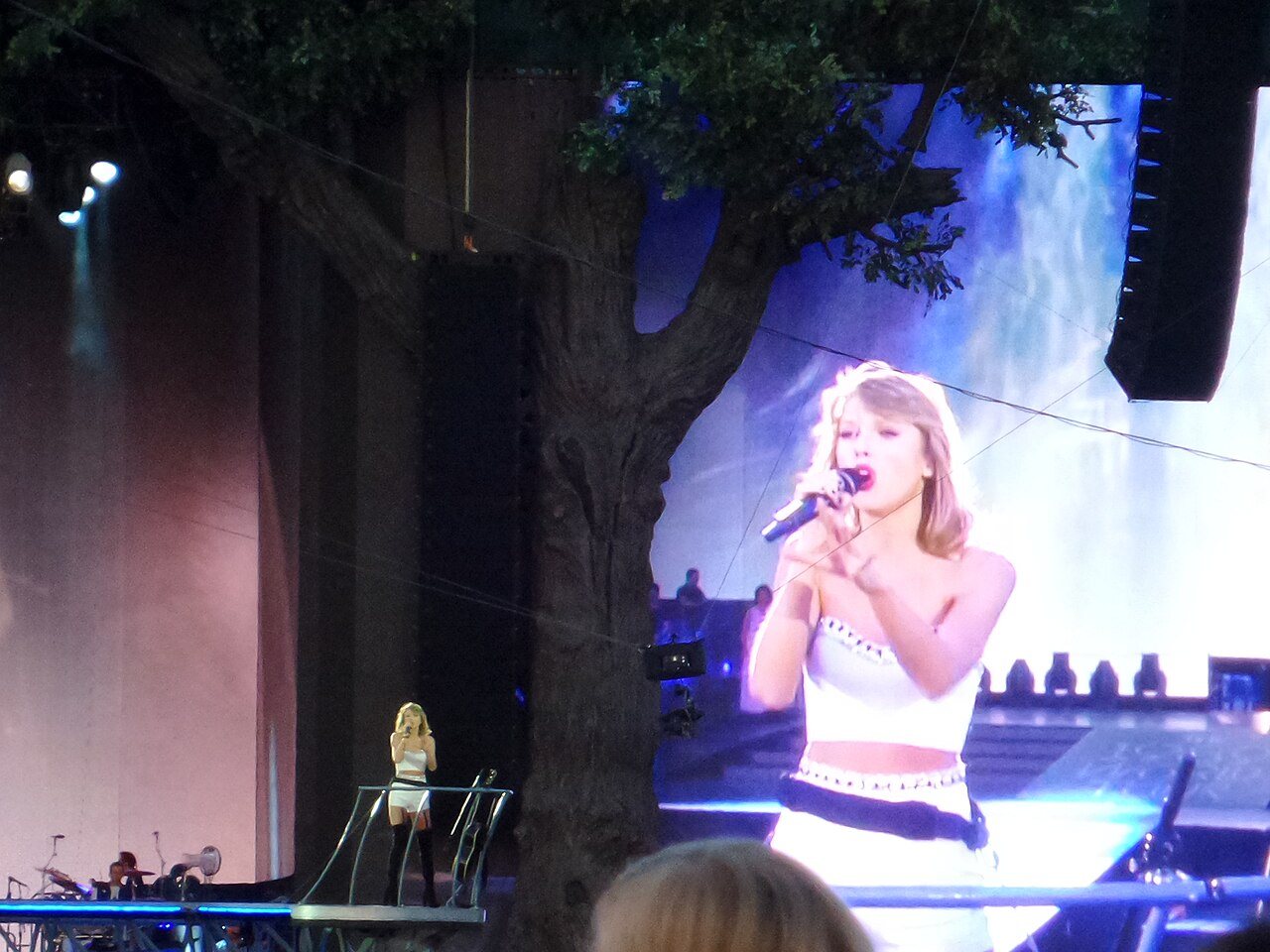 Taylor Swift singing on a small stage platform during the 1989 World Tour, with her close-up projected on a giant screen beside a tree